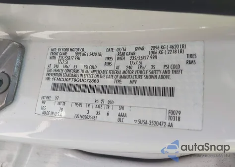 2016 Ford Escape S z USA, uszkodzony, nr VIN 1FMCU0F79GUC72860